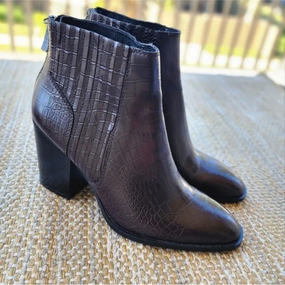 Zara Croc Embossed Brown Block Heel Zip Ankle Booties Fall Womens 40 9